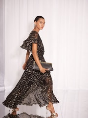 Lipsy Metallic Black Spot Short Sleeve Ruffle Maxi Dress - Image 1 of 5