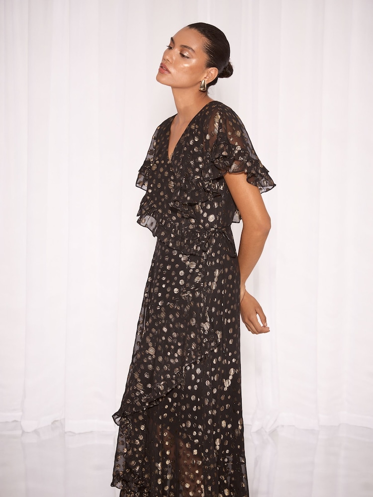 Lipsy Metallic Black Spot Short Sleeve Ruffle Maxi Dress - Image 2 of 5 Lipsy Metallic Black Spot Short Sleeve Ruffle Maxi Dress - Image 2 of 5