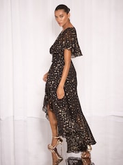 Lipsy Metallic Black Spot Short Sleeve Ruffle Maxi Dress - Image 4 of 5