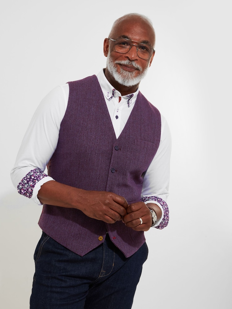 Joe Browns Purple Single Breasted Wool Blend Herringbone Waistcoat - Image 1 of 7