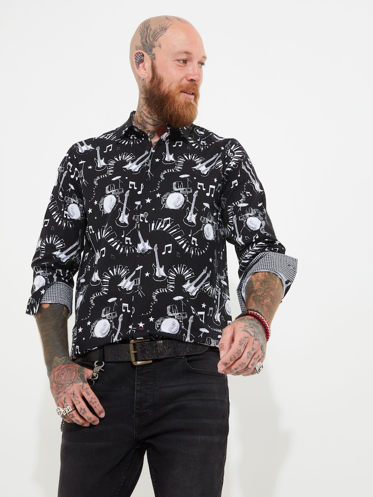Joe Browns Black Monochrome Sketched Music Note 100% Cotton Printed Long Sleeve Shirt - Image 2 of 8 Joe Browns Black Monochrome Sketched Music Note 100% Cotton Printed Long Sleeve Shirt - Image 2 of 8