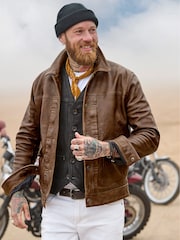 Joe Browns Brown Collared Trucker Leather Jacket - Image 1 of 11