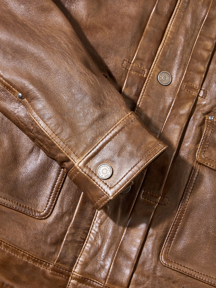 Joe Browns Brown Collared Trucker Leather Jacket - Image 11 of 11