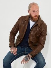 Joe Browns Brown Collared Trucker Leather Jacket - Image 2 of 11