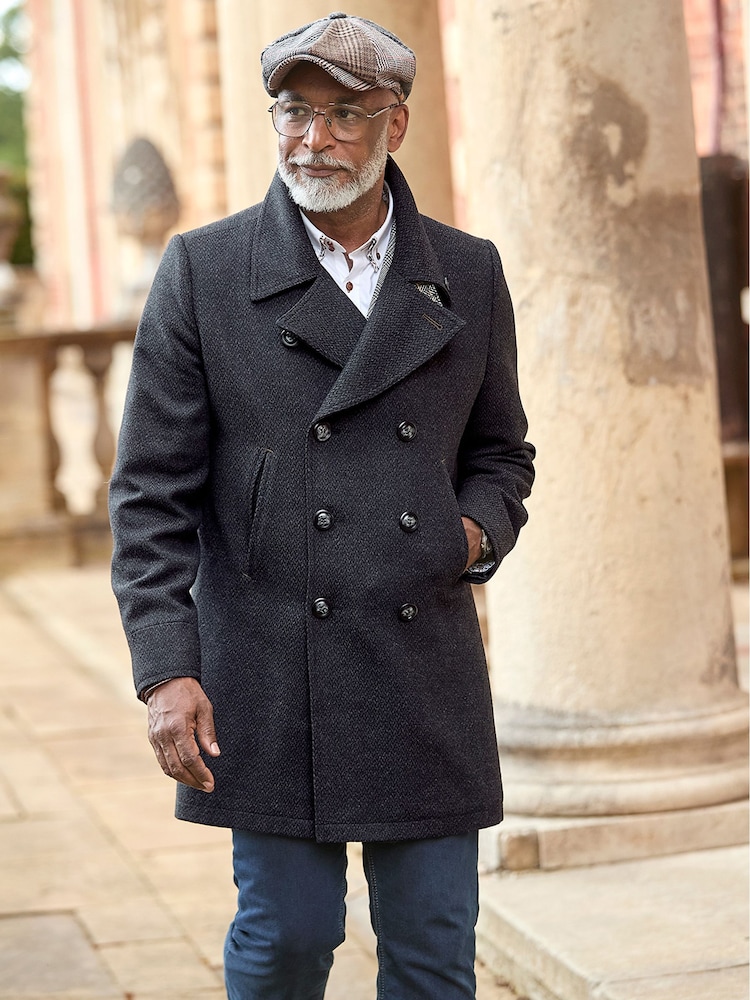 Joe Browns Grey Smart Herringbone Wool Blend Peacoat with Printed Lining - Image 1 of 10