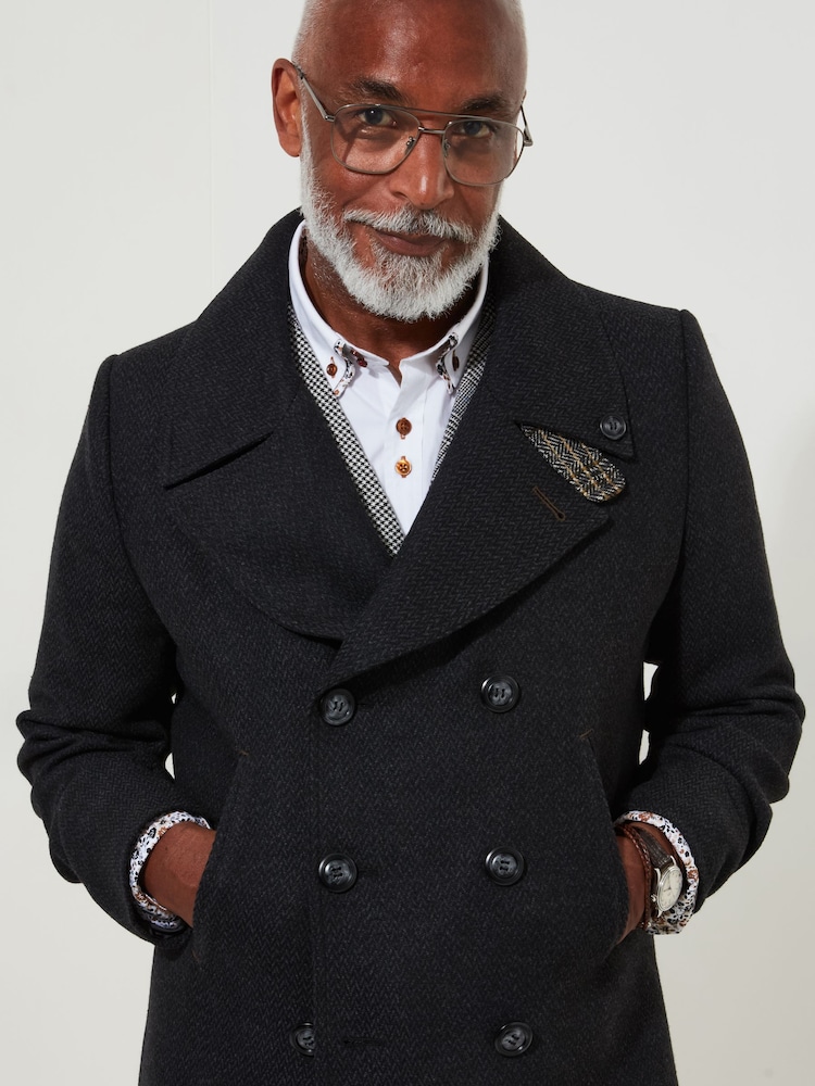 Joe Browns Grey Smart Herringbone Wool Blend Peacoat with Printed Lining - Image 2 of 10