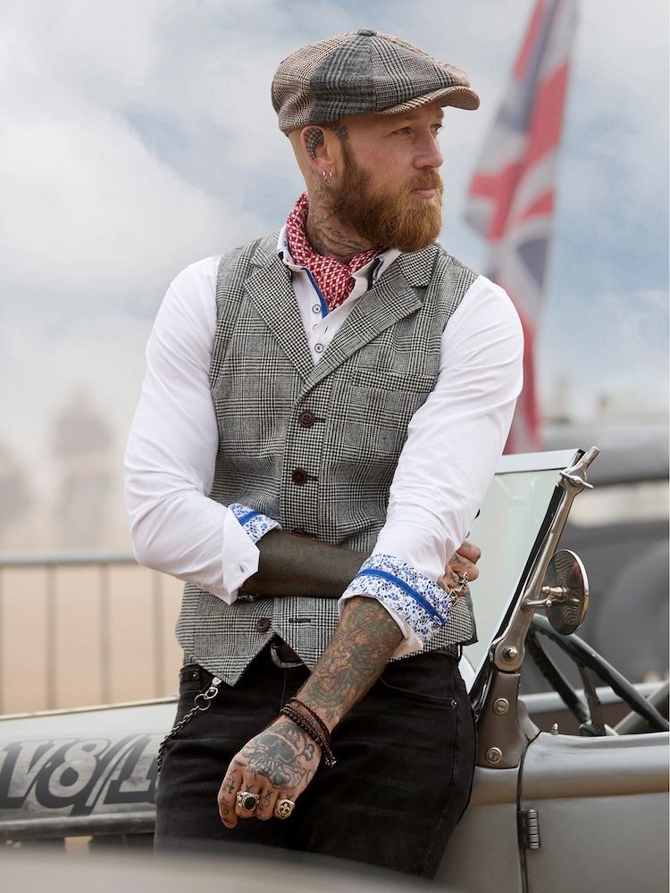Joe Browns Grey Slim Fit Dogtooth Prince of Wales Check Single Breasted Waistcoat - Image 1 of 10