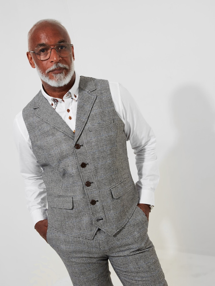 Joe Browns Grey Slim Fit Dogtooth Prince of Wales Check Single Breasted Waistcoat - Image 2 of 10