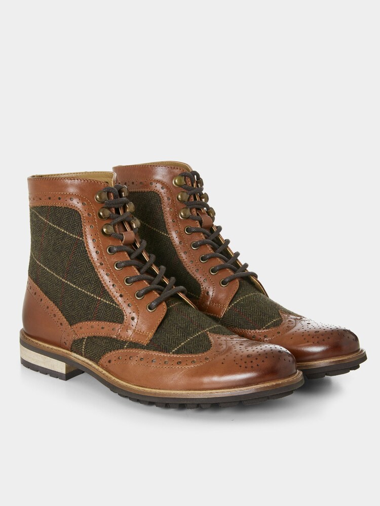Joe Browns Brown Premium Leather and Tweed Brogue Boots - Image 3 of 7