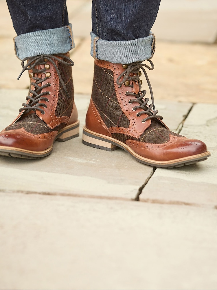 Joe Browns Brown Premium Leather and Tweed Brogue Boots - Image 6 of 7