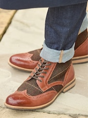 Joe Browns Brown Premium Leather and Tweed Brogue Boots - Image 7 of 7