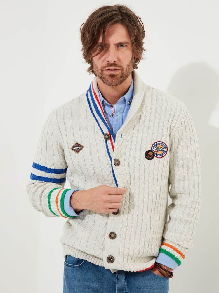 Joe Browns Preppy Badge Stripe Detail Shawl-Collar 100% Cotton Cable Knit Cardigan - Slika 2 iz 10