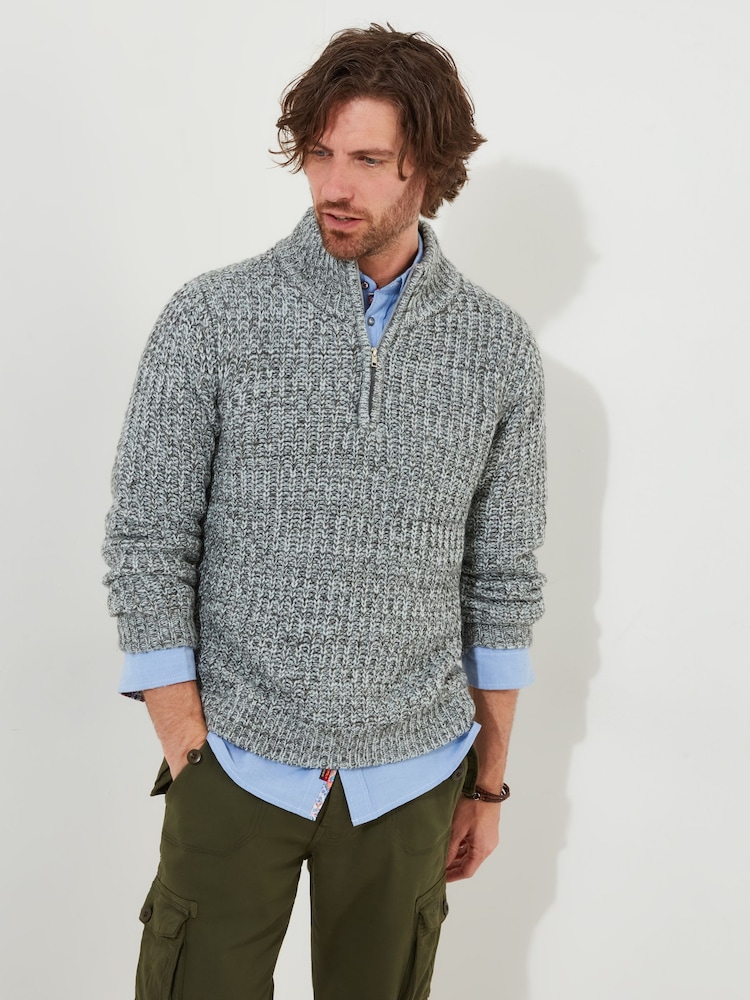 Joe Browns Grey Chunky Knit Quarter Zip Funnel Neck Fisherman Jumper - Image 1 of 6