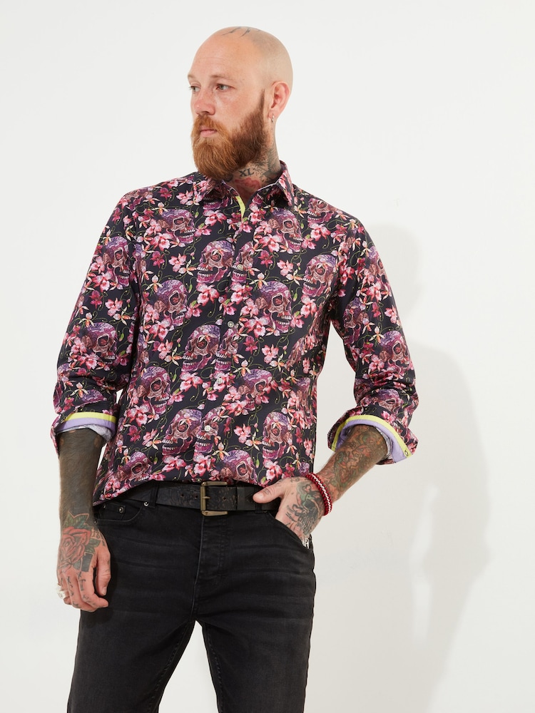Joe Browns Black Punk Skull Print Long Sleeve 100% Cotton Shirt - Image 2 of 8