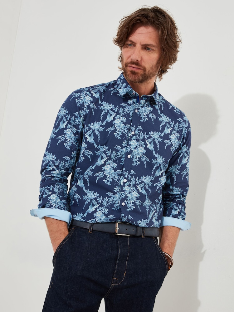 Joe Browns Blue 100% Cotton Bird Print Long Sleeve Shirt - Image 1 of 6