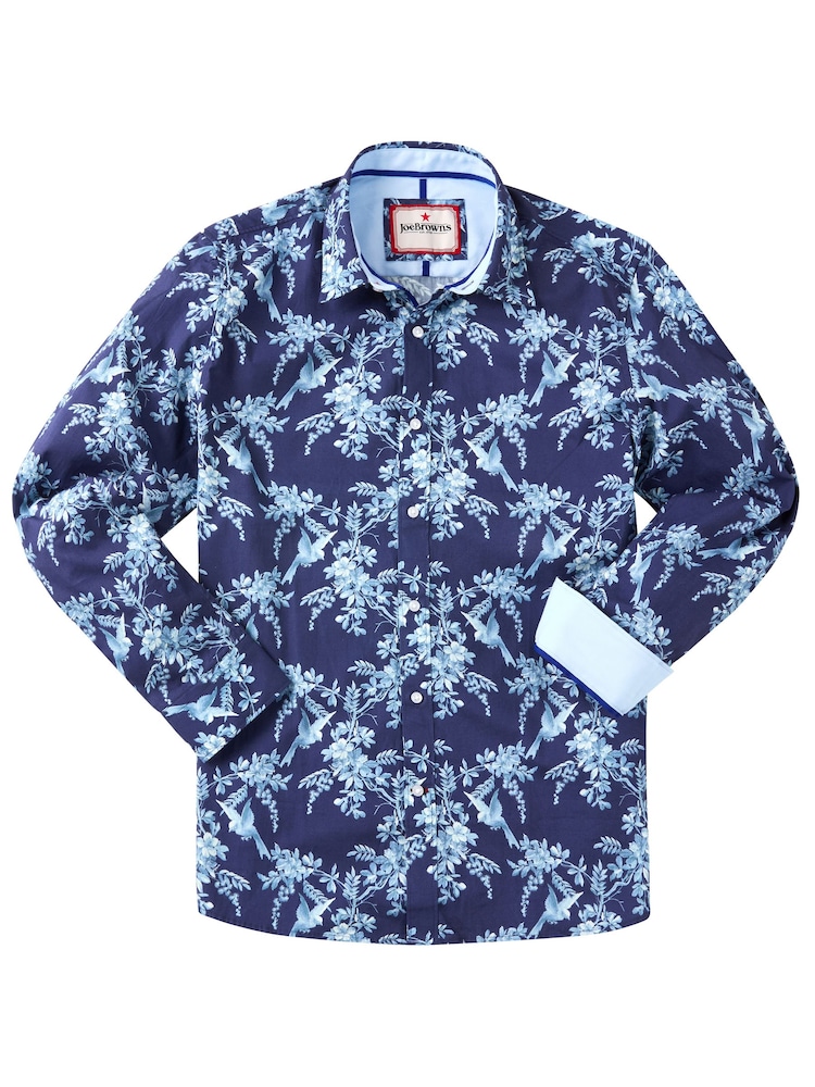 Joe Browns Blue 100% Cotton Bird Print Long Sleeve Shirt - Image 2 of 6