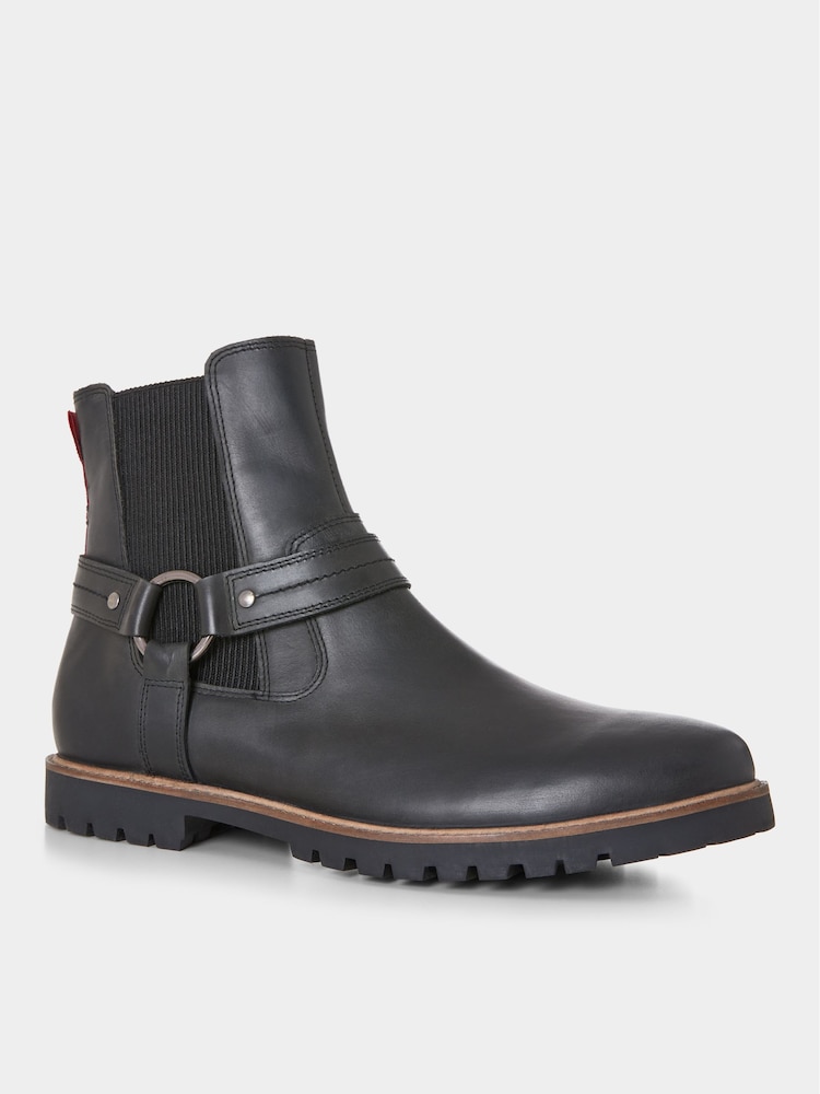 Joe Browns Black Strap Detail Oiled Leather Biker Boots - Image 2 of 5