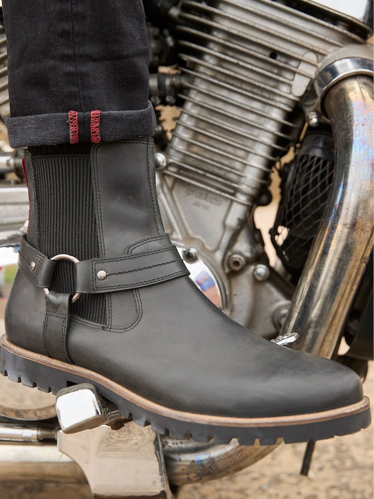 Joe Browns Black Strap Detail Oiled Leather Biker Boots - Image 5 of 5