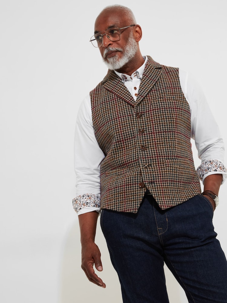 Joe Browns Brown Regular Fit Dogtooth Wool Blend Waistcoat with Paisley Lining - Image 1 of 8