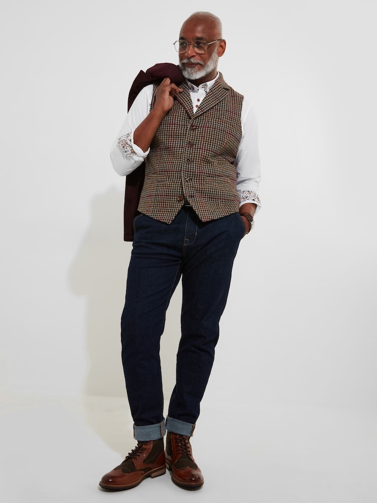 Joe Browns Brown Regular Fit Dogtooth Wool Blend Waistcoat with Paisley Lining - Image 2 of 8