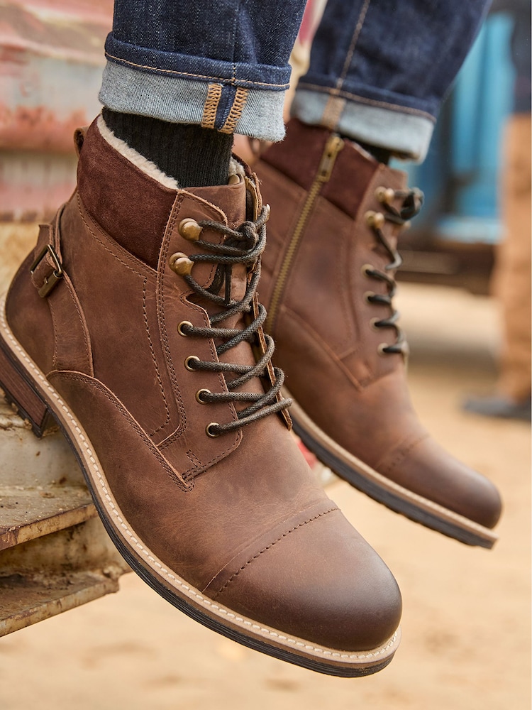 Joe Browns Brown Borg Lined Oiled Leather Aviator Boots - Image 6 of 7