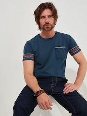 Joe Browns Blue Washed Aztec Style Trim Customised Short Sleeve T-Shirt - Image 1 of 5