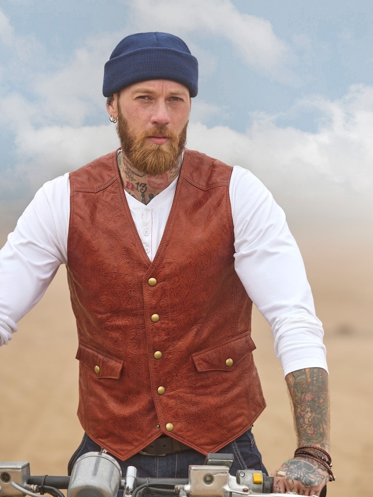 Joe Browns Red Vintage Floral Embossed Leather Waistcoat - Image 1 of 10