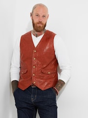 Joe Browns Red Vintage Floral Embossed Leather Waistcoat - Image 3 of 10