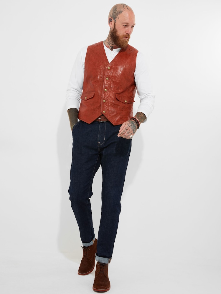 Joe Browns Red Vintage Floral Embossed Leather Waistcoat - Image 4 of 10