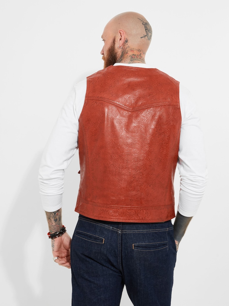 Joe Browns Red Vintage Floral Embossed Leather Waistcoat - Image 5 of 10