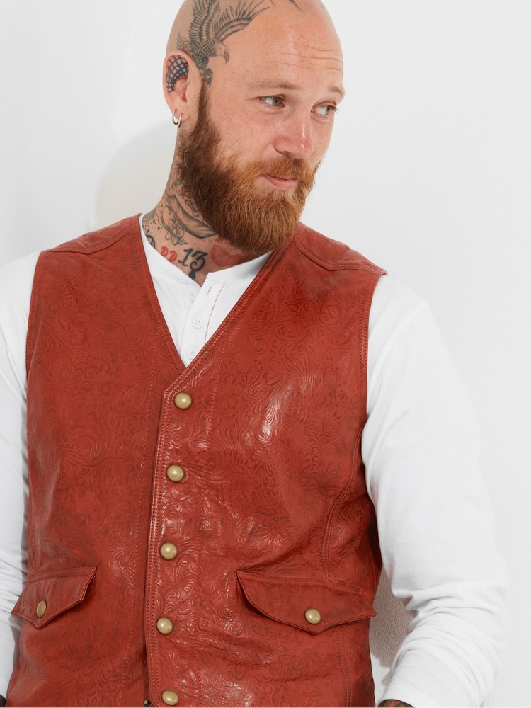 Joe Browns Red Vintage Floral Embossed Leather Waistcoat - Image 6 of 10