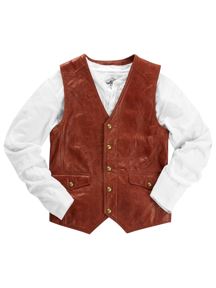 Joe Browns Red Vintage Floral Embossed Leather Waistcoat - Image 8 of 10