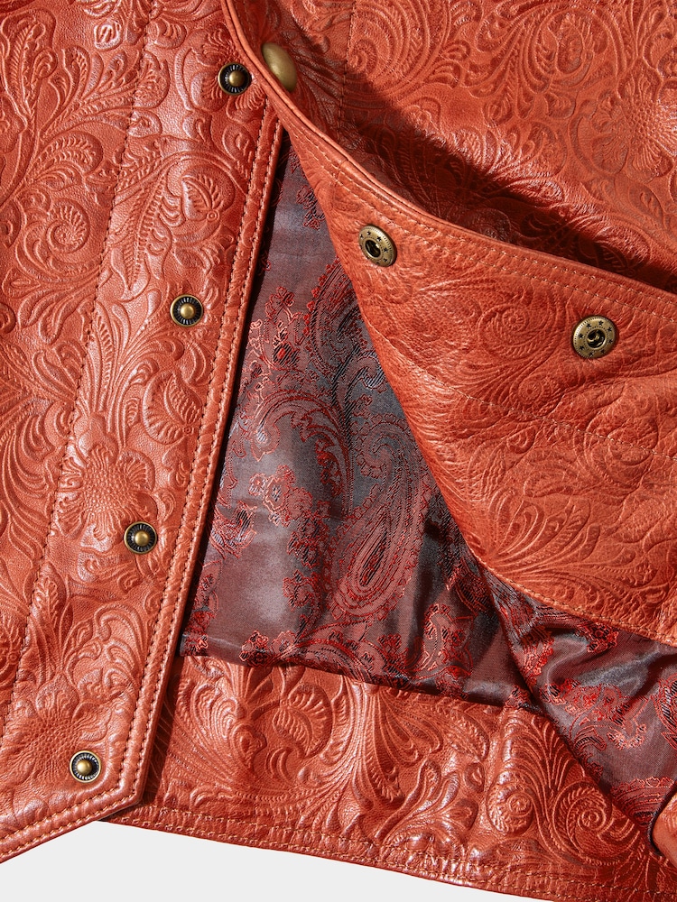 Joe Browns Red Vintage Floral Embossed Leather Waistcoat - Image 9 of 10