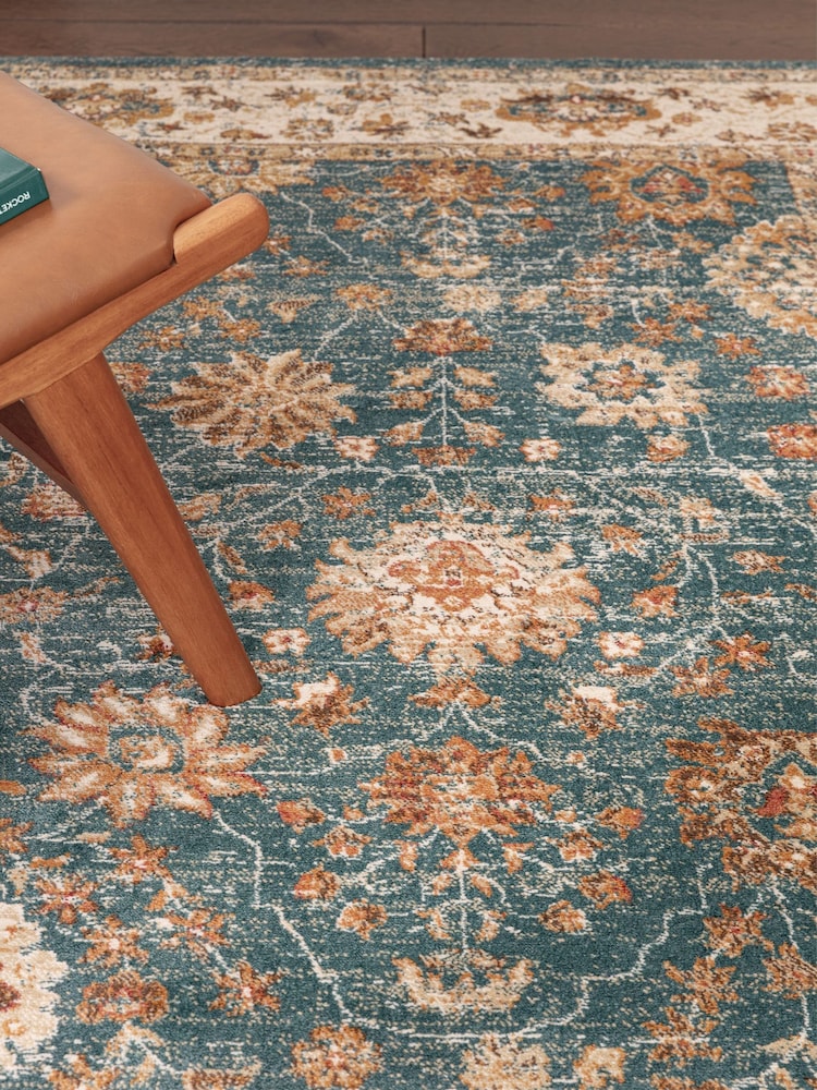 THE RUG EDIT Teal Cream Raja Border Rug - Image 2 of 9