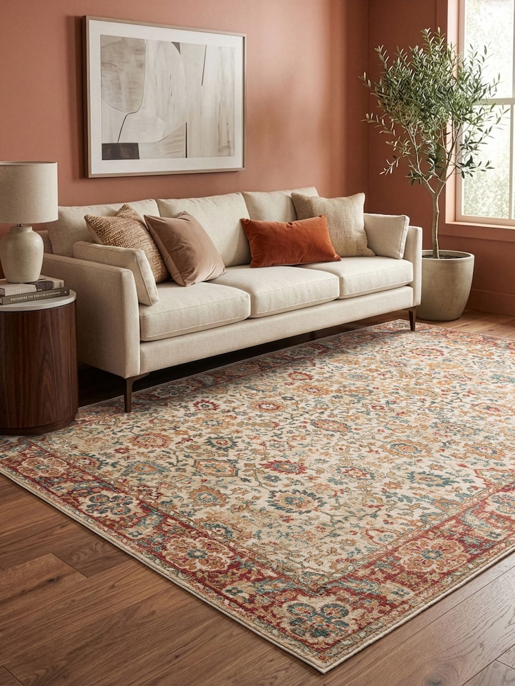 THE RUG EDIT Cream Red Raja Border Rug - Image 1 of 9 THE RUG EDIT Cream Red Raja Border Rug - Image 1 of 9