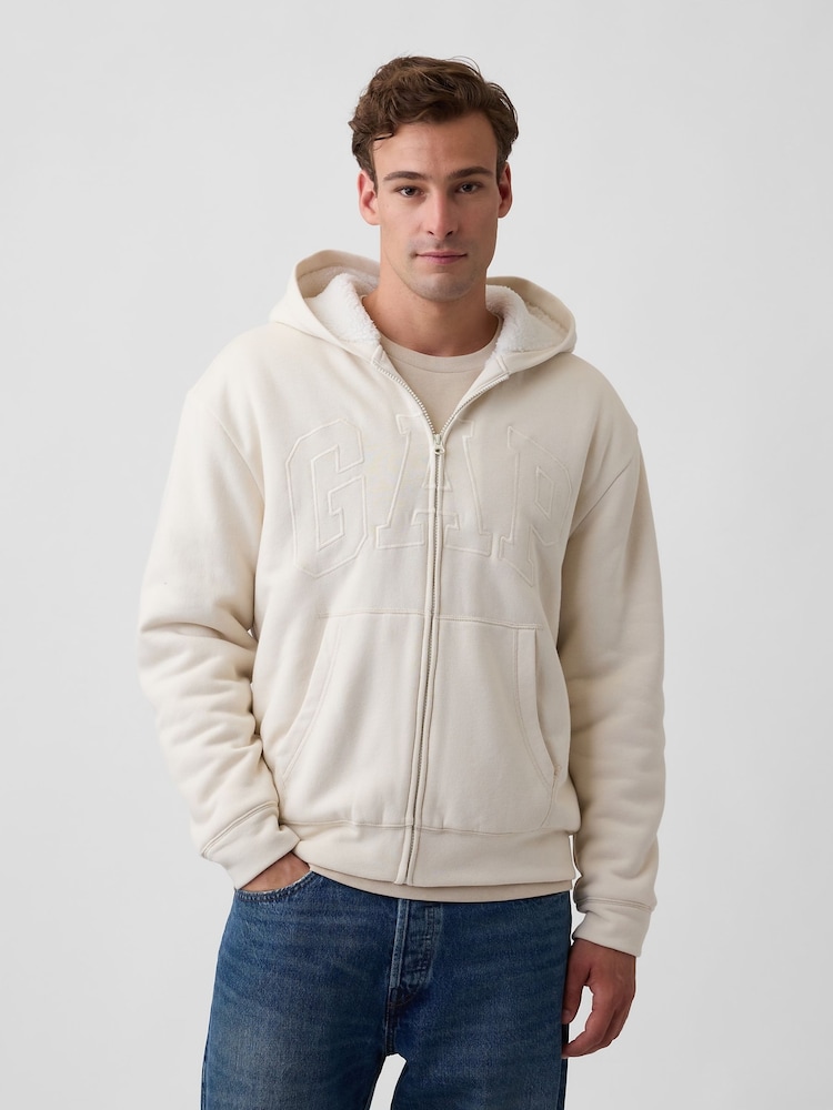 Κρεμ - Gap Relaxed Logo Sherpa-Lined Zip-Up Hoodie - Εικόνα 1 από 4