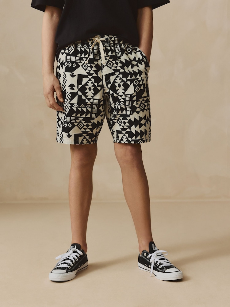 Black/White Print Single Linen Blend Pull-On Shorts (3-16yrs) - Image 1 of 8