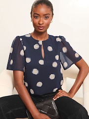 Lipsy Navy Flutter Sleeve Chiffon Blouse - Image 1 of 4