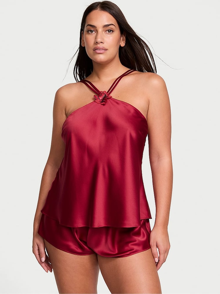 Victoria's Secret Red Lacquer Roses Satin Halter Cami Set - Image 1 of 3