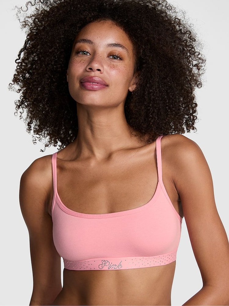 Victoria's Secret PINK Petal Pink Diamante Cotton Logo Skinny Scoop Bralette - Image 1 of 3