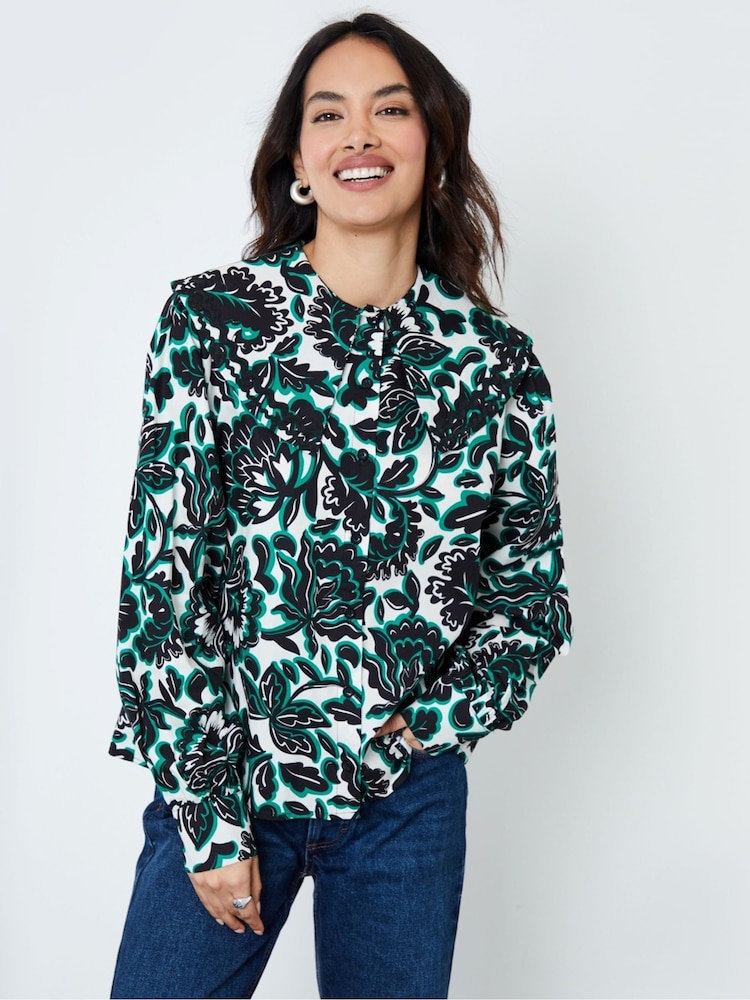 Another Sunday Cream Floral Print Trim Detail Button Through 100% Cotton Oversized Collared Blouse - Image 1 of 5