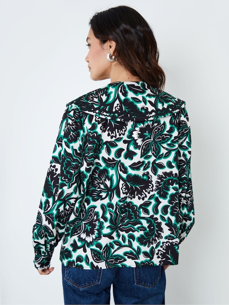 Another Sunday Cream Floral Print Trim Detail Button Through 100% Cotton Oversized Collared Blouse - Image 2 of 5