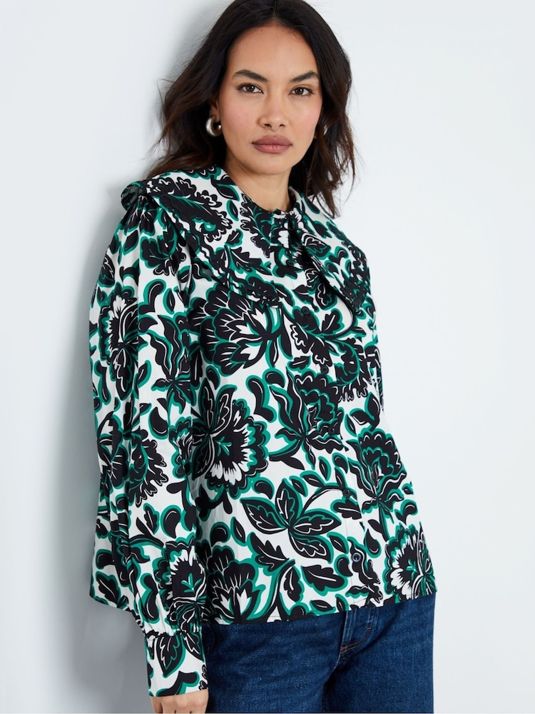 Another Sunday Cream Floral Print Trim Detail Button Through 100% Cotton Oversized Collared Blouse - Image 5 of 5 Another Sunday Cream Floral Print Trim Detail Button Through 100% Cotton Oversized Collared Blouse - Image 5 of 5
