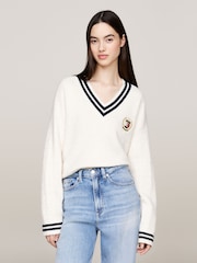 Tommy Jeans Crest Cable V-Neck White Sweater - Image 1 of 5