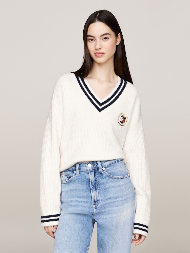 Tommy Jeans Crest Cable V-Neck White Sweater - Image 1 of 5 Tommy Jeans Crest Cable V-Neck White Sweater - Image 1 of 5
