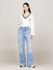 Tommy Jeans Crest Cable V-Neck White Sweater - Image 2 of 5