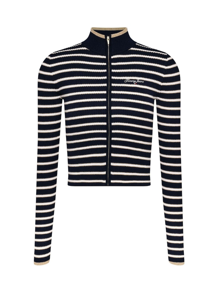 Tommy Jeans modra V kovinskih barvah Tip Zip pletena jopa - Slika 5 iz 5