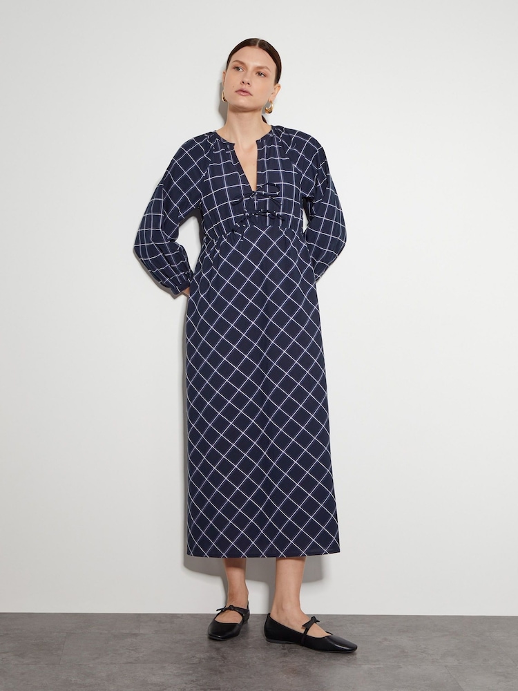 Monsoon Blue Frankie Tie Front Check Print Midi Dress - Image 3 of 7