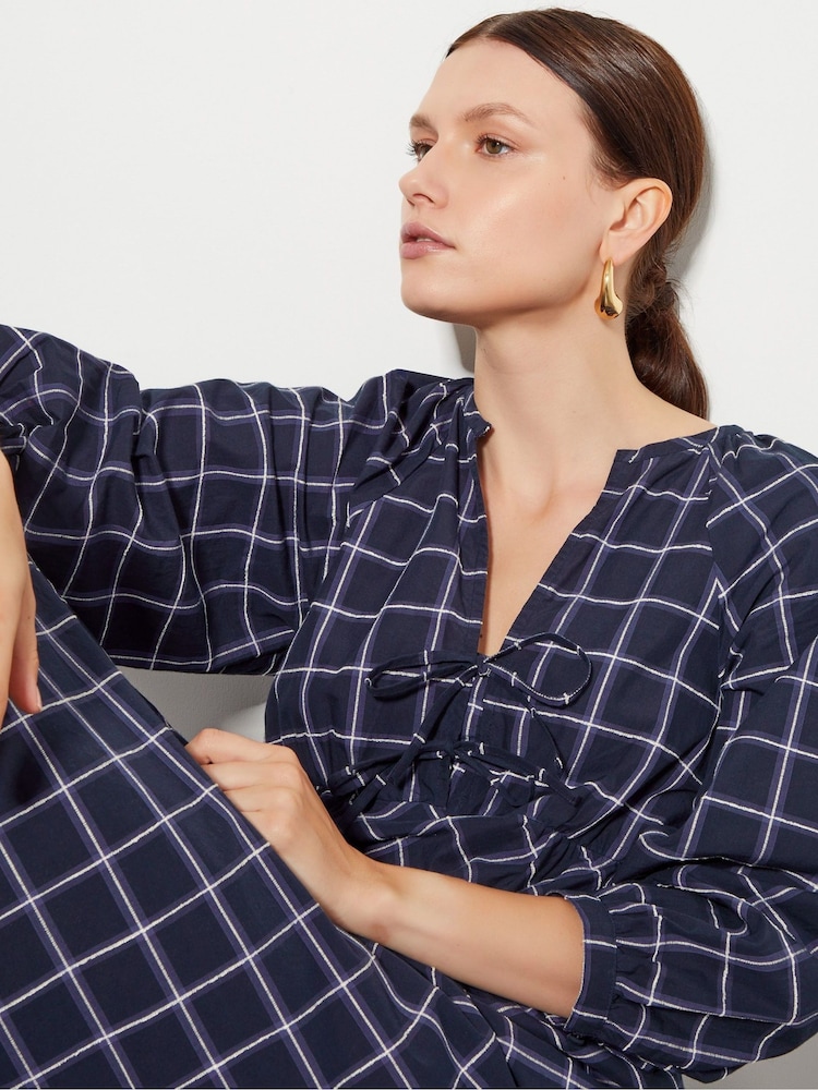 Monsoon Blue Frankie Tie Front Check Print Midi Dress - Image 4 of 7