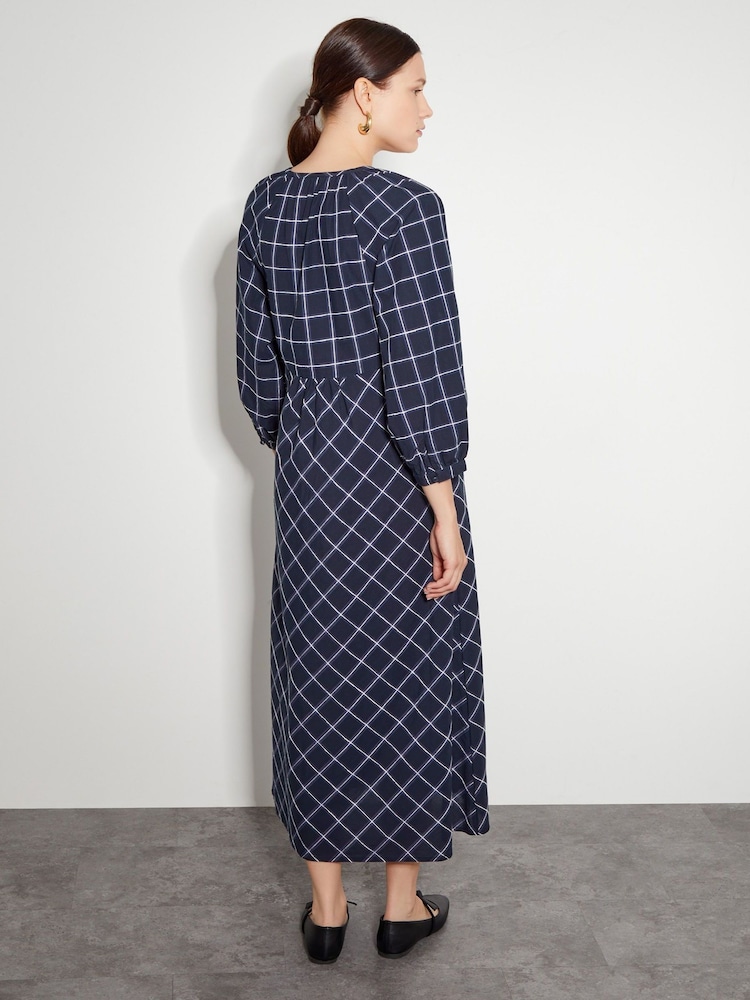 Monsoon Blue Frankie Tie Front Check Print Midi Dress - Image 5 of 7